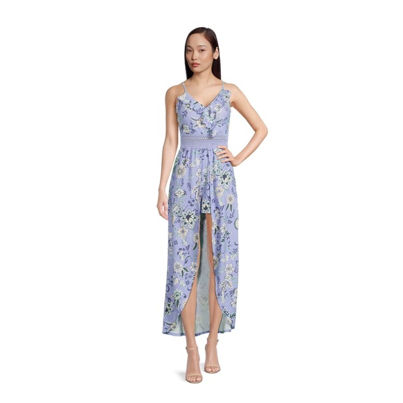 No Boundaries Juniors Ruffle Walk Through Maxi Romper, Spring Peri - Picture 3 of 5
